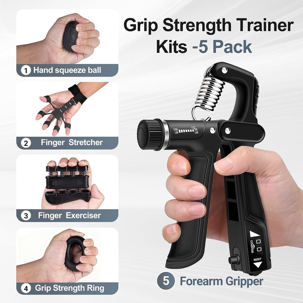Grip Strength Trainer Kits (5 Pack), Forearm Strengthener with Adjustable Resistance, Grip Strength Tester, Finger Strengthener, Hand Gripper Strengthener for Muscle Building Injury Recover